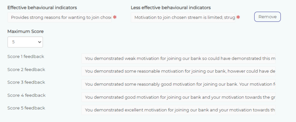 Screenshot of the platform showcasing how each score has it's own feedback comment to ensure consistency across the board